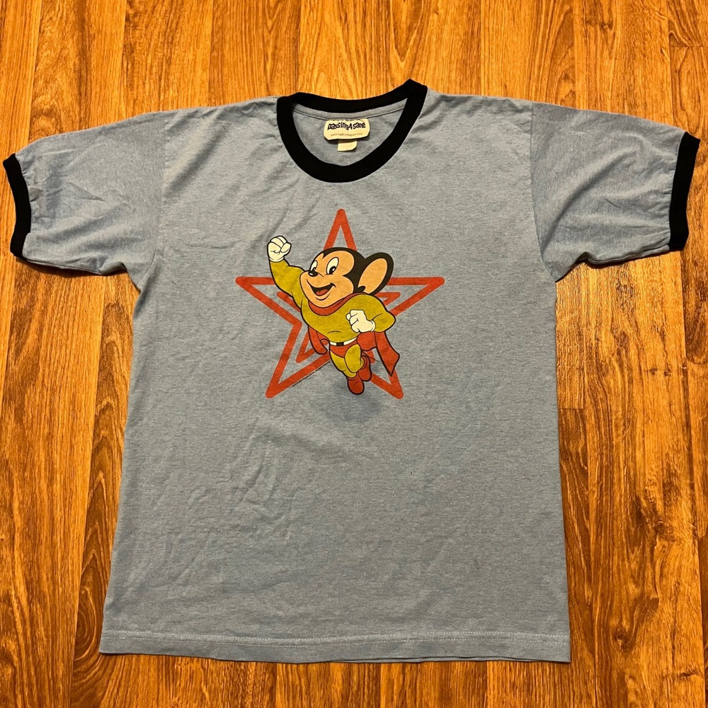 Vintage‎ Mighty Mouse Shirt Adult Small Blue Ringer Graphic Passing4Sane 2002